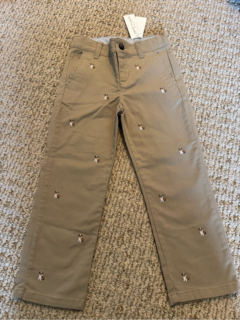 Janie and Jack NWT 4 Embroidered Bull Dog Khaki Kids Pants Chinos
